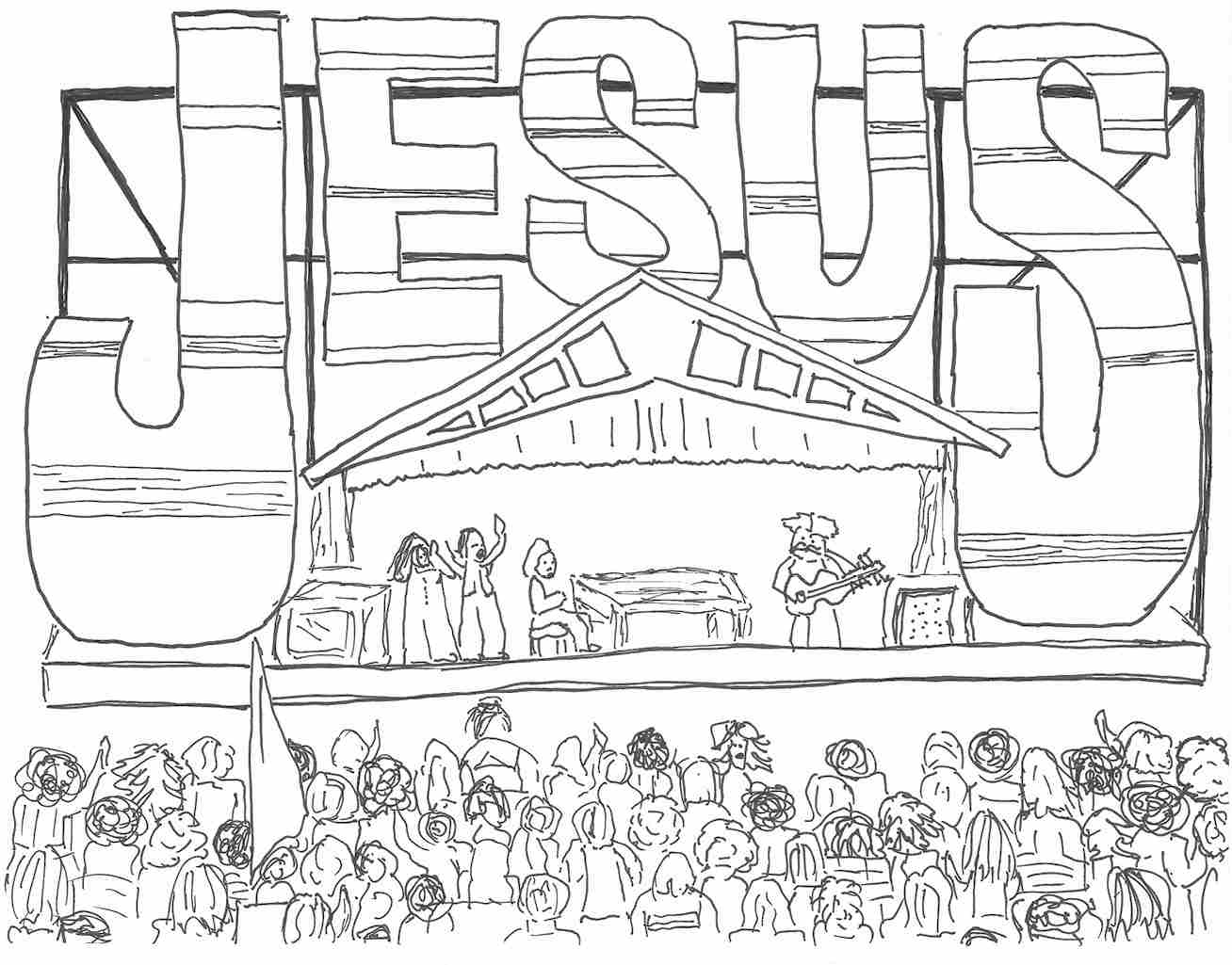 Four people standing on a stage with the word ‘Jesus’ surrounding them in large letters. One person sits at a piano, another holds a guitar, and another has an open mouth and both arms raised. A large crowd stands in front of the stage, some with their hands raised.