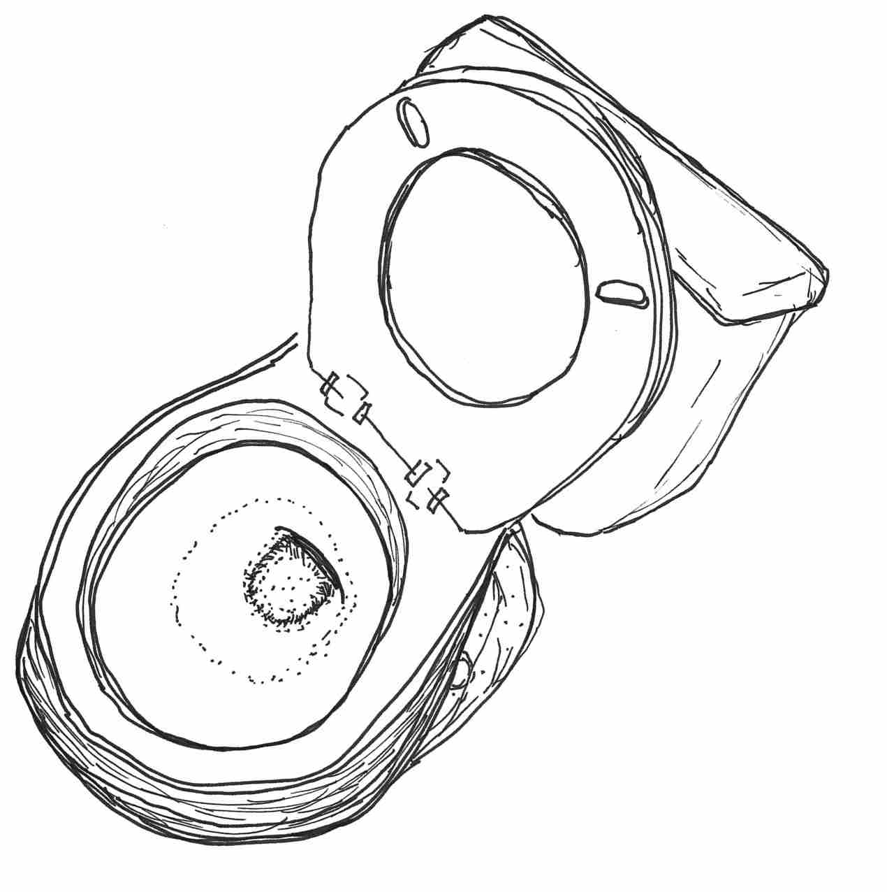 A top-down view of a toilet bowl with the lid and seat up.