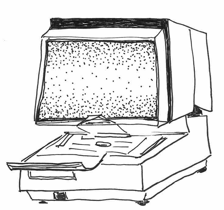 A boxy microfiche machine with a static filled screen and a piece of paper sticking out the bottom.