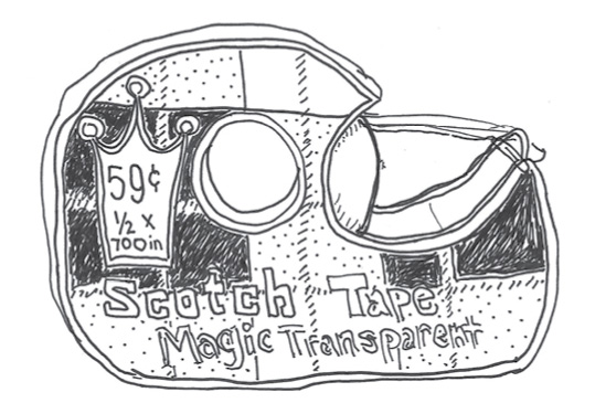 A ‘Scotch Tape Magic Transparent’ dispenser with a roll of tape inside. ’59 cents ½ x 700in’ is written inside of a crown above ‘Scotch.’