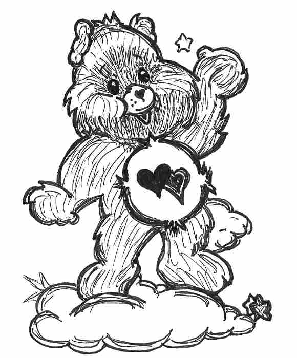 A Care Bear with a Belly Badge of two love hearts stands on a cloud and waves with their left paw.