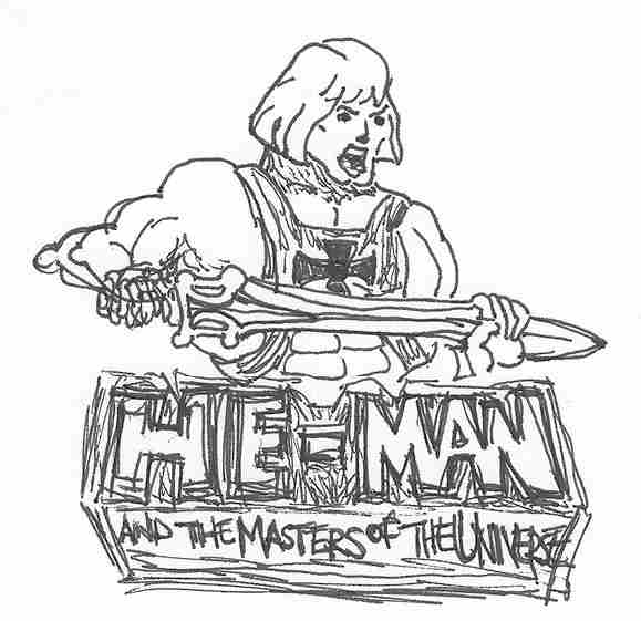 Logo: He-Man and the Masters of the Universe.’ He-Man is shown from the torso-up holding a sword with one hand on the hilt and one clutching the blade. He wears a small chest armor piece with an iron cross on it.