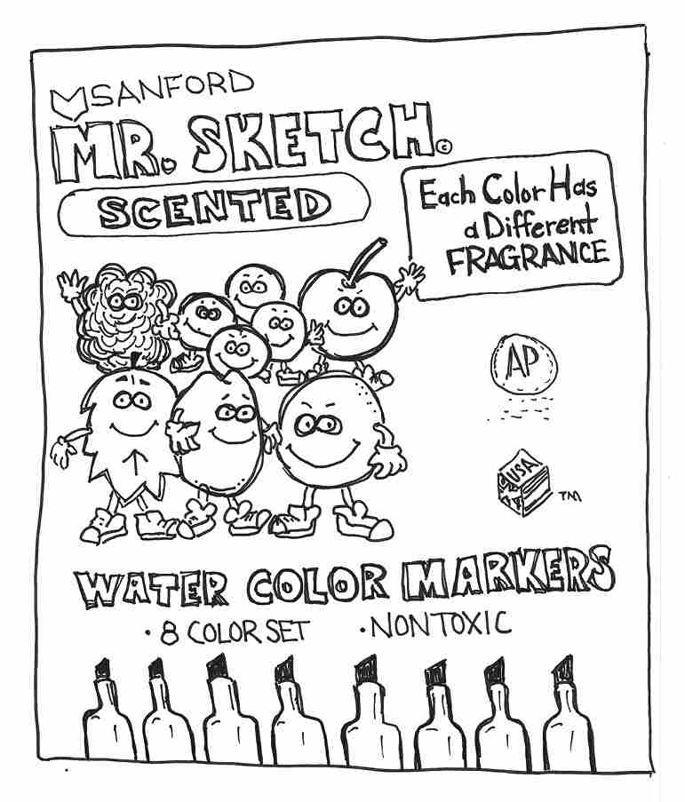 A box of eight Sanford Mr. Sketch Scented nontoxic watercolor markers. ‘Each color has a different fragrance’ is written beside six anthropomorphic fruits and a leaf.