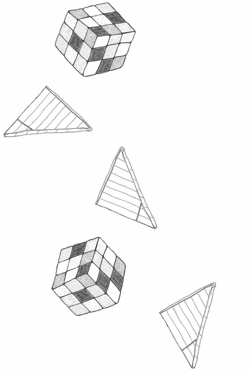 Two unsolved Rubik’s cubes and three paper footballs to the right of the second stanza and first three lines of the third stanza.