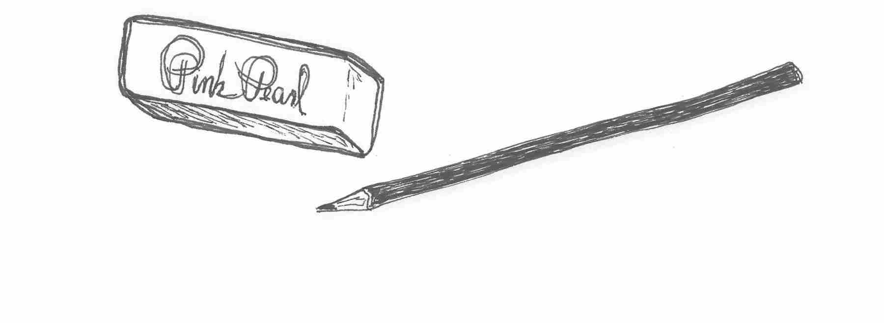 A rectangular eraser with ‘Pink Pearl’ written in cursive on top. A sharpened pencil that is a solid dark color with no eraser is to its right.