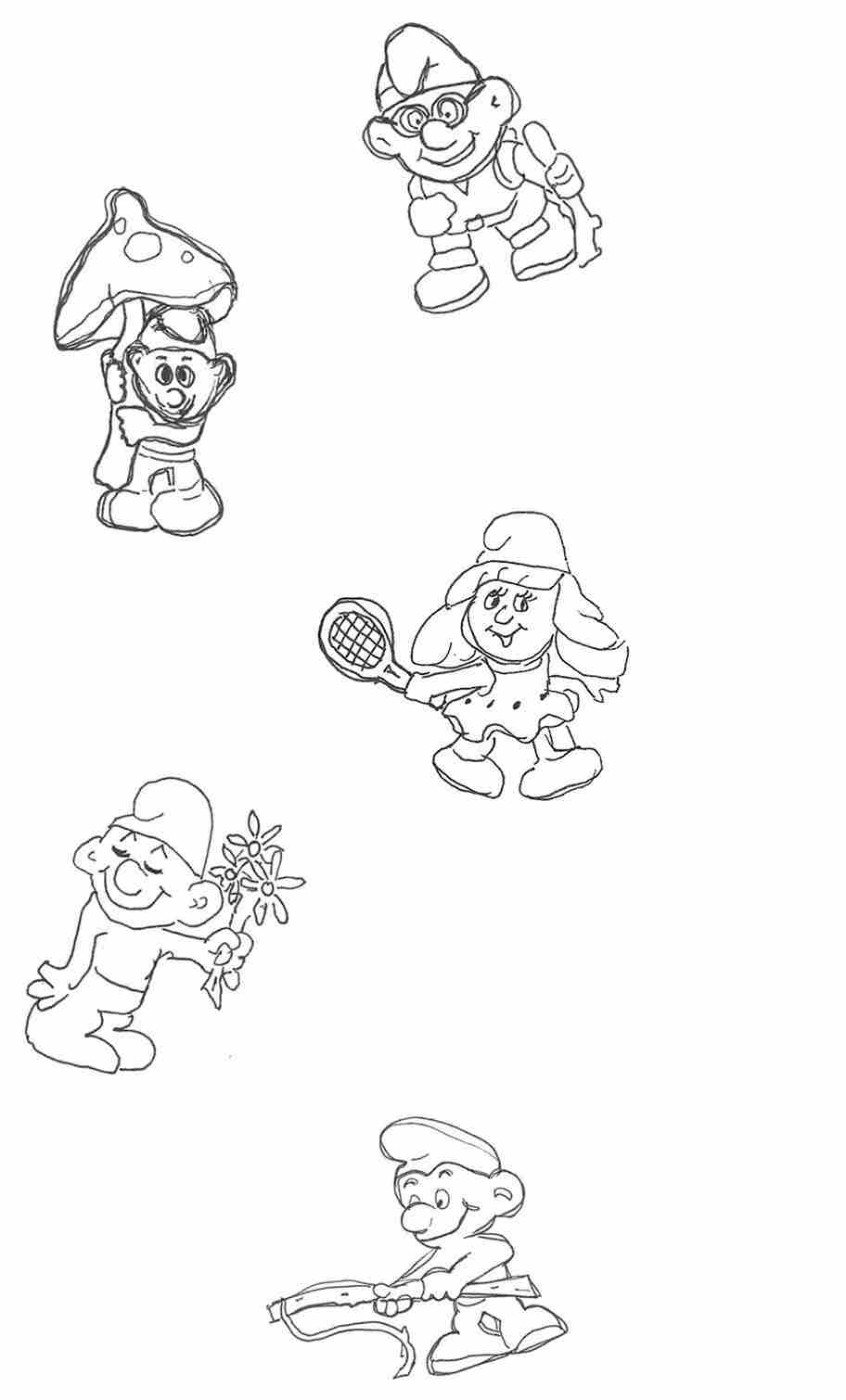 Five Smurfs spread across the right side of the page. The first wears round glasses and a backpack and holds a walking stick. The second holds a mushroom like an umbrella. The third Smurf has long light-colored hair, wears a dress, and holds a tennis racket. Another holds three flowers. The final Smurf holds a fishing rod.