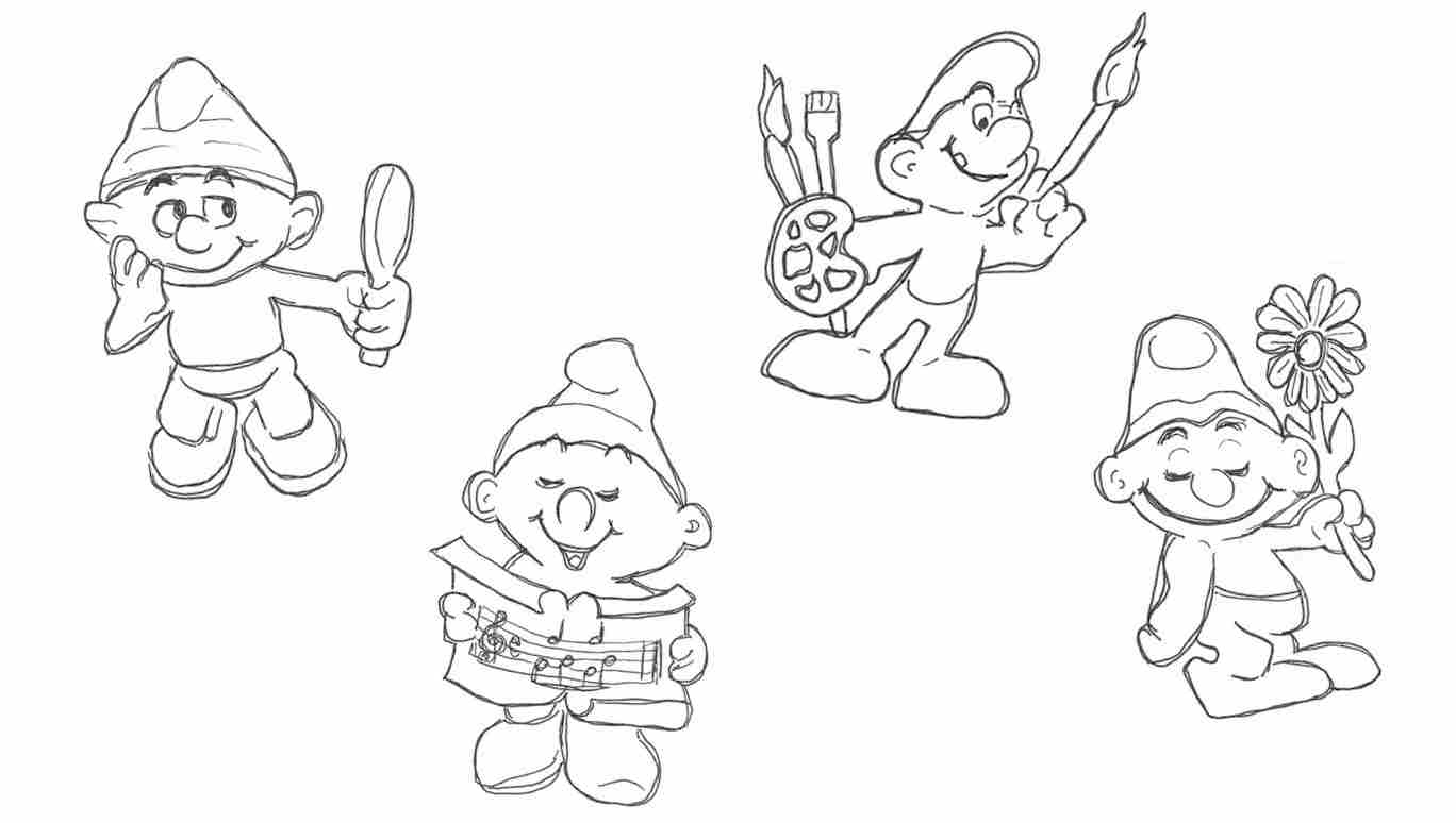 Four Smurfs. One looks at themself in a hand-held mirror, one holds a piece of paper with a musical staff and has an open mouth, one holds three paintbrushes and a palette, and one holds a daisy and has closed eyes.