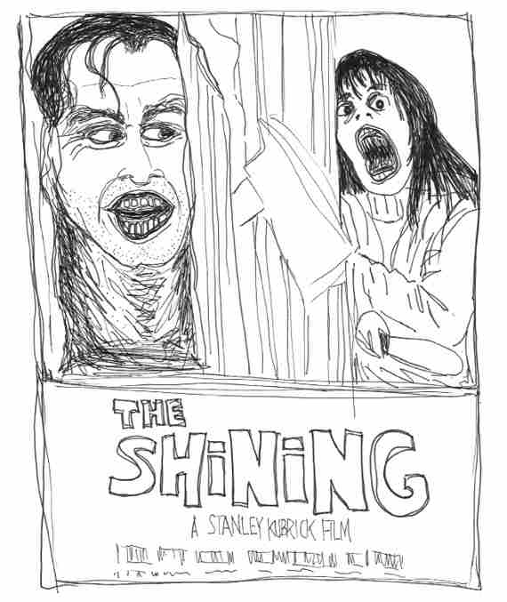 A movie poster for The Shining. The face of a person with short dark hair and bared teeth is pressed between two pieces of wood, one of which has an axe head sticking through it. A person with long dark hair is on the other side of the wood with wide eyes and a gaping mouth. They wear a turtleneck and hold a flat oval-shaped object.