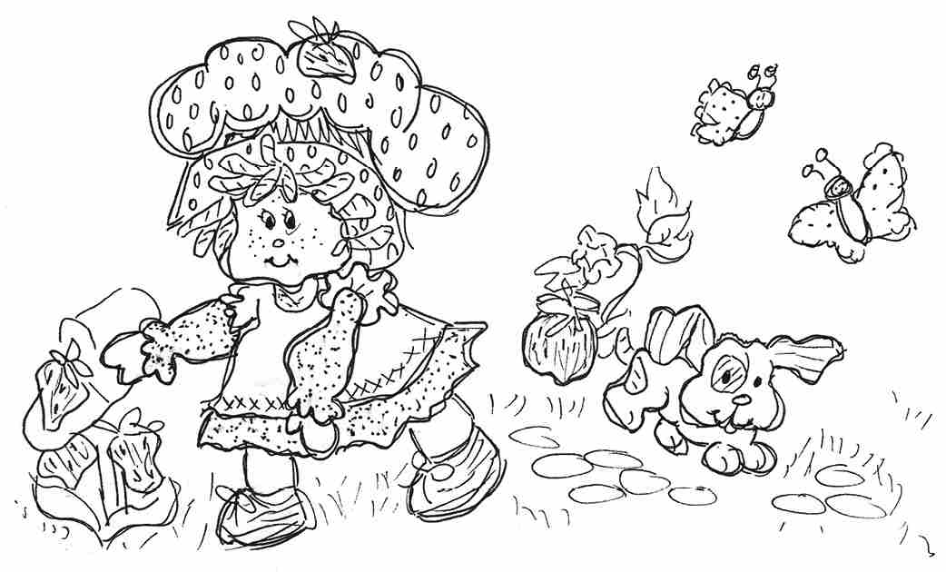 The character Strawberry Shortcake waters a plant. She wears a knee-length long-sleeve dress, tied shoes, and a poofy hat reminiscent of a strawberry. A dog with a spot around its right eye and floppy ears plays with two butterflies behind her.