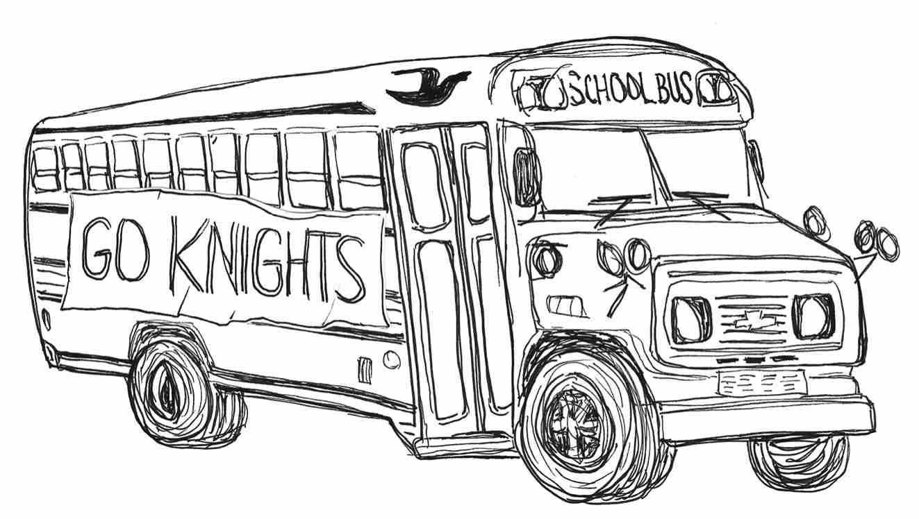 A school bus with a banner that reads ‘Go Knights’ strung beneath the windows on the side.