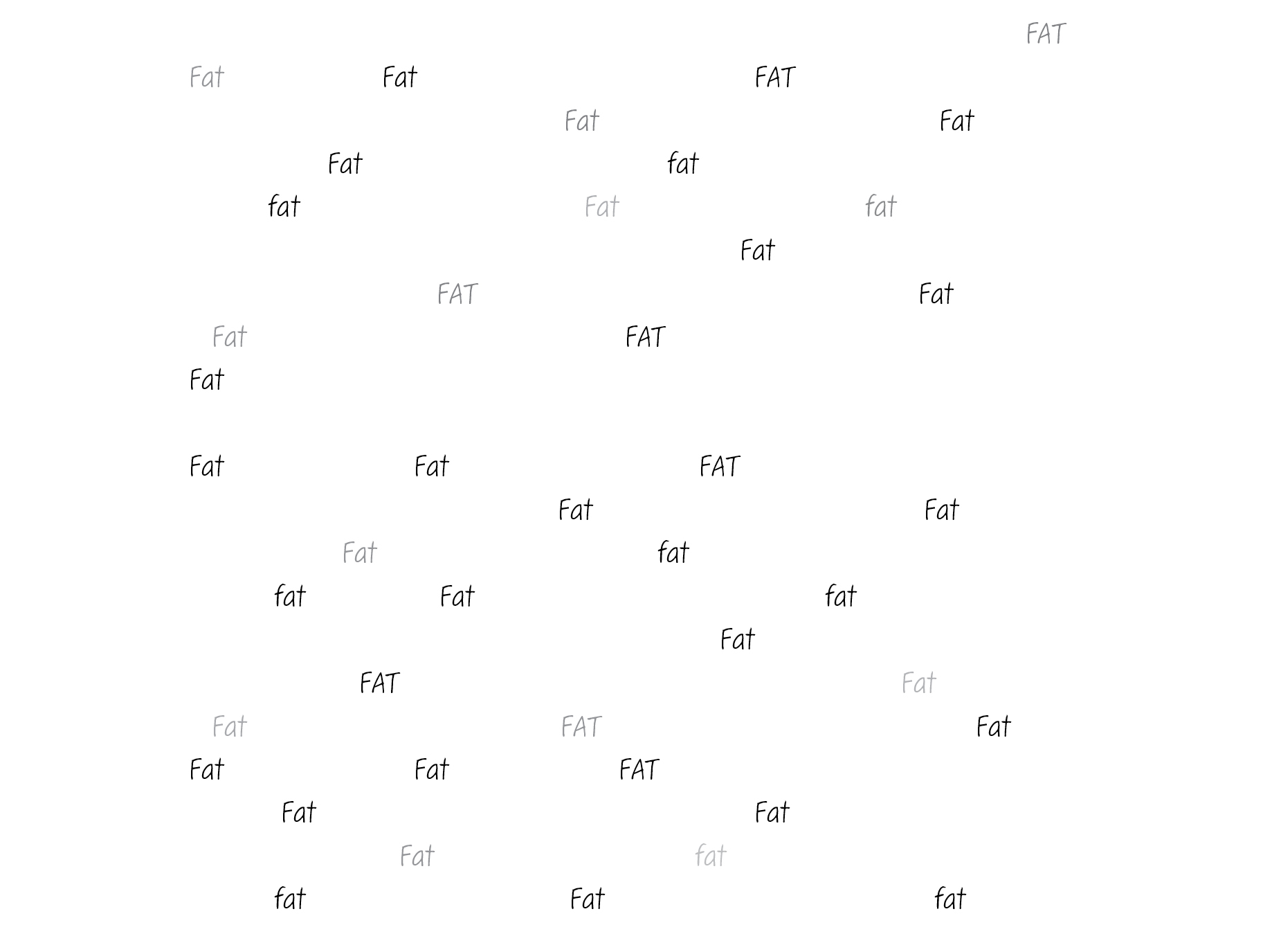 The word ‘fat’ written forty-two times spread across the bottom half of the page. The text varies from black to light gray. Some are all lowercase, some have the ‘f’ capitalized, and some are all capitalized.