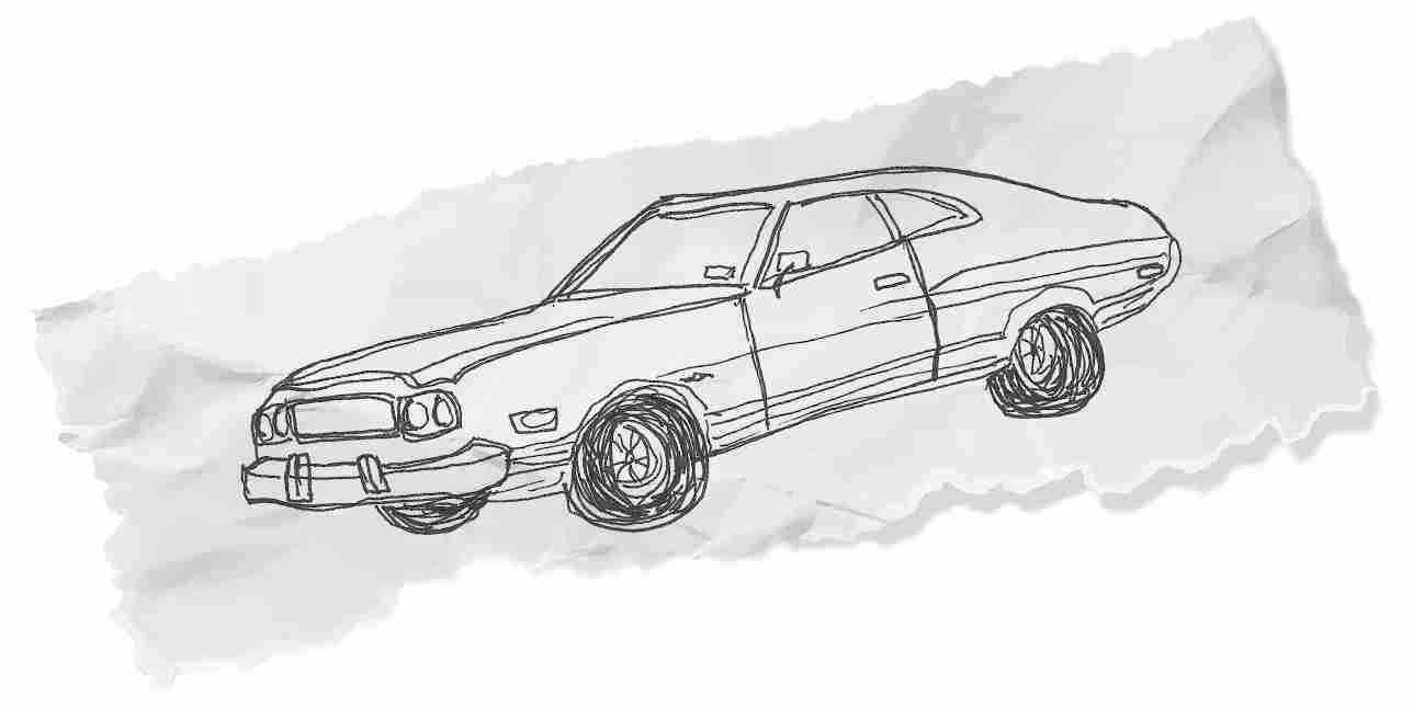 A side view of a car, most likely a Gran Torino, drawn on a piece of wrinkled torn paper.