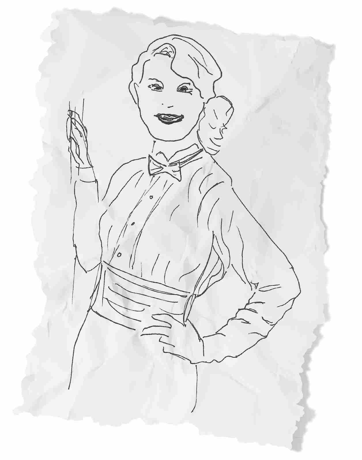 A drawing of a person on a wrinkled torn piece of paper. The image is cropped below their hips. They stand with their left hand on their hip and the other resting on a wall. Their light hair is in a side ponytail that stops at their shoulder. They wear a long-sleeved button-up blouse, a cummerbund, a skirt, and a bowtie. They face the reader and smile with full lips.