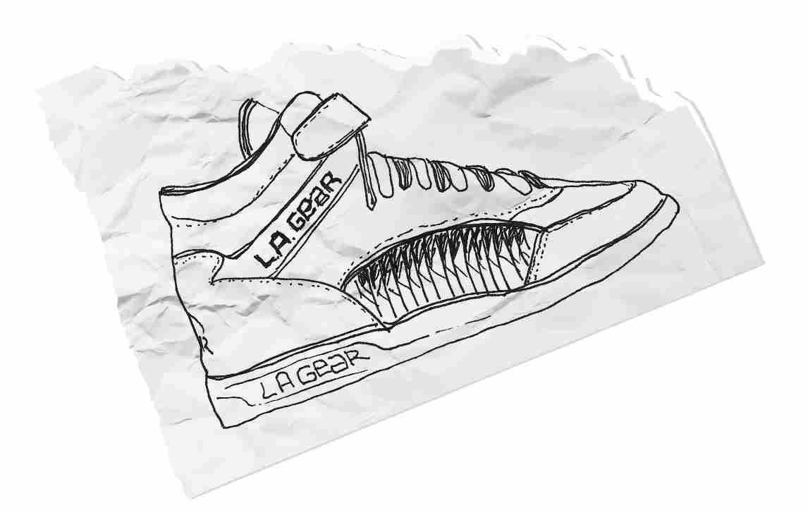 A piece of wrinkled torn paper with a side view of an LA Gear sneaker drawn on it.