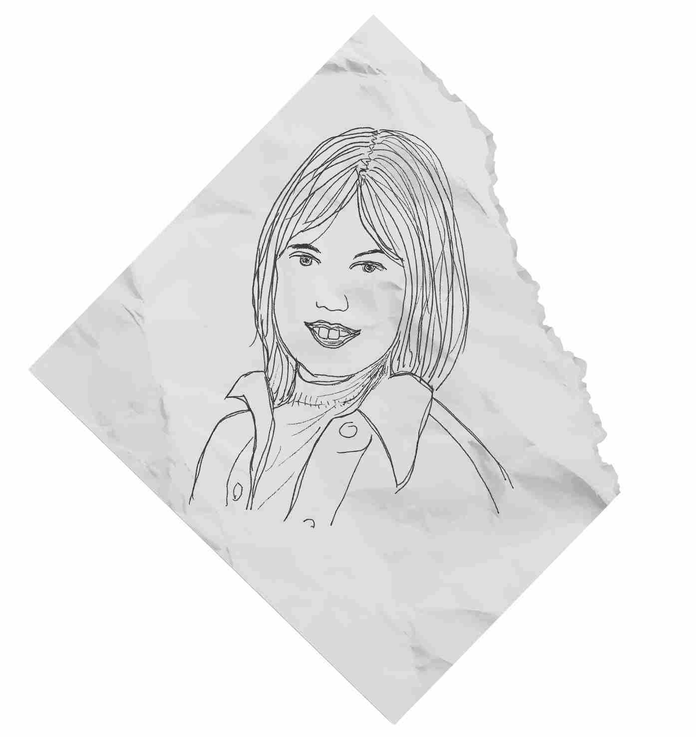 A drawing of a person on a wrinkled torn piece of paper. The image is focused on their face and is cropped below their shoulders. They have straight hair that is parted in the middle. They are smiling with two front teeth protruding over their lower lip slightly. They wear a piece of outerwear with a collar and buttons over a mock turtleneck.