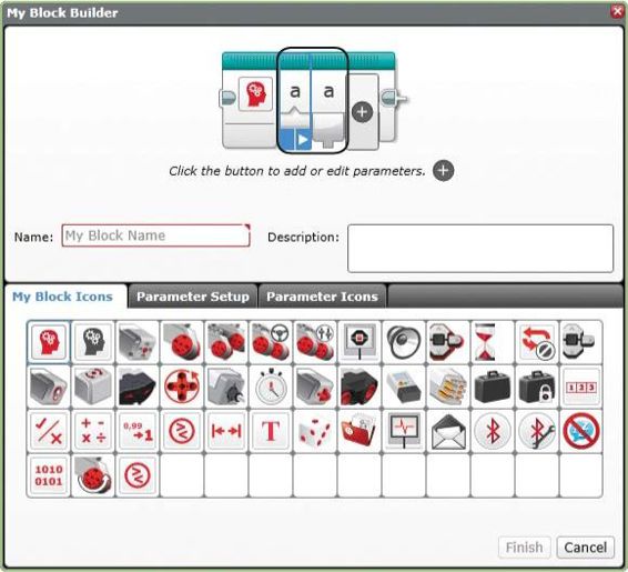 The My Block Builder window with the block input and output highlighted