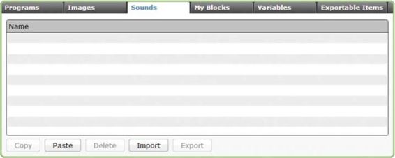 The list of sound files on the Project Properties page is empty until you use a Sound block to select a file.