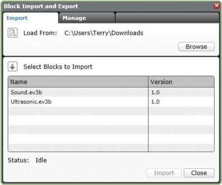 The Block Import and Export window