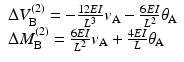 
$$ \begin{array}{l}\Delta {V}_{\mathrm{B}}^{(2)}=-\frac{12EI}{L^3}{v}_{\mathrm{A}}-\frac{6EI}{L^2}{\theta}_{\mathrm{A}}\\ {}\Delta {M}_{\mathrm{B}}^{(2)}=\frac{6EI}{L^2}{v}_{\mathrm{A}}+\frac{4EI}{L}{\theta}_{\mathrm{A}}\end{array} $$
