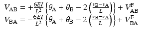 
$$ \begin{array}{l}{V}_{\mathrm{A}\mathrm{B}}=+\frac{6EI}{L^2}\left\{{\theta}_{\mathrm{A}}+{\theta}_{\mathrm{B}}-2\left(\frac{v_{\mathrm{B}}-{v}_{\mathrm{A}}}{L}\right)\right\}+{V}_{\mathrm{A}\mathrm{B}}^{\mathrm{F}}\\ {}{V}_{\mathrm{B}\mathrm{A}}=-\frac{6EI}{L^2}\left\{{\theta}_{\mathrm{A}}+{\theta}_{\mathrm{B}}-2\left(\frac{v_{\mathrm{B}}-{v}_{\mathrm{A}}}{L}\right)\right\}+{V}_{\mathrm{B}\mathrm{A}}^{\mathrm{F}}\end{array} $$
