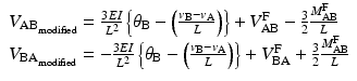 
$$ \begin{array}{l}{V_{\mathrm{A}\mathrm{B}}}_{{}_{\mathrm{modified}}}=\frac{3EI}{L^2}\left\{{\theta}_{\mathrm{B}}-\left(\frac{v_{\mathrm{B}}-{v}_{\mathrm{A}}}{L}\right)\right\}+{V}_{\mathrm{A}\mathrm{B}}^{\mathrm{F}}-\frac{3}{2}\frac{M_{\mathrm{A}\mathrm{B}}^{\mathrm{F}}}{L}\\ {}{V_{\mathrm{B}\mathrm{A}}}_{{}_{\mathrm{modified}}}=-\frac{3EI}{L^2}\left\{{\theta}_{\mathrm{B}}-\left(\frac{v_{\mathrm{B}}-{v}_{\mathrm{A}}}{L}\right)\right\}+{V}_{\mathrm{B}\mathrm{A}}^{\mathrm{F}}+\frac{3}{2}\frac{M_{\mathrm{A}\mathrm{B}}^{\mathrm{F}}}{L}\end{array} $$
