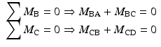 
$$ \begin{array}{l}{\displaystyle \sum {M}_{\mathrm{B}}=0\Rightarrow {M}_{\mathrm{B}\mathrm{A}}+{M}_{\mathrm{B}\mathrm{C}}=0}\\ {}{\displaystyle \sum {M}_{\mathrm{C}}=0\Rightarrow {M}_{\mathrm{C}\mathrm{B}}+{M}_{\mathrm{C}\mathrm{D}}=0}\end{array} $$
