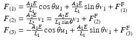 
$$ \begin{array}{l}{F}_{(1)}=\frac{A_1E}{L_1} \cos \theta {u}_1+\frac{A_1E}{L_1} \sin \theta {v}_1+{F}_{(1)}^{\mathrm{F}}\\ {}{F}_{(2)}=\frac{A_2E}{L_2}{v}_1=\frac{A_2E}{L_1 \sin \theta }{v}_1+{F}_{(2)}^{\mathrm{F}}\\ {}{F}_{(3)}=-\frac{A_1E}{L_1} \cos \theta {u}_1+\frac{A_1E}{L_1} \sin \theta {v}_1+{F}_{(3)}^{\mathrm{F}}\end{array} $$
