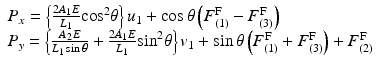 
$$ \begin{array}{l}{P}_x=\left\{\frac{2{A}_1E}{L_1}{ \cos}^2\theta \right\}{u}_1+ \cos \theta \left({F}_{(1)}^{\mathrm{F}}-{F}_{(3)}^{\mathrm{F}}\right)\\ {}{P}_y=\left\{\frac{A_2E}{L_1 \sin \theta }+\frac{2{A}_1E}{L_1}{ \sin}^2\theta \right\}{v}_1+ \sin \theta \left({F}_{(1)}^{\mathrm{F}}+{F}_{(3)}^{\mathrm{F}}\right)+{F}_{(2)}^{\mathrm{F}}\end{array} $$
