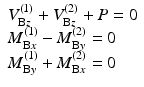 
$$ \begin{array}{l}{V}_{\mathrm{B}z}^{(1)}+{V}_{\mathrm{B}z}^{(2)}+P=0\\ {}{M}_{\mathrm{B}x}^{(1)}-{M}_{\mathrm{B}y}^{(2)}=0\\ {}{M}_{\mathrm{B}y}^{(1)}+{M}_{\mathrm{B}x}^{(2)}=0\end{array} $$
