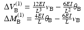 
$$ \begin{array}{l}\Delta {V}_{\mathrm{B}}^{(1)}=\frac{12EI}{L^3}{v}_{\mathrm{B}}-\frac{6EI}{L^2}{\theta}_{\mathrm{B}}\\ {}\Delta {M}_{\mathrm{B}}^{(1)}=\frac{4EI}{L}{\theta}_{\mathrm{B}}-\frac{6EI}{L}{v}_{\mathrm{B}}\end{array} $$
