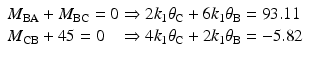 
$$ \begin{array}{l}{M}_{\mathrm{B}\mathrm{A}}+{M}_{\mathrm{B}\mathrm{C}}=0\Rightarrow 2{k}_1{\theta}_{\mathrm{C}}+6{k}_1{\theta}_{\mathrm{B}}=93.11\\ {}{M}_{\mathrm{C}\mathrm{B}}+45=0\kern.86em \Rightarrow 4{k}_1{\theta}_{\mathrm{C}}+2{k}_1{\theta}_{\mathrm{B}}=-5.82\end{array} $$
