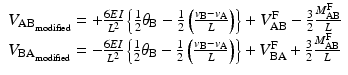 
$$ \begin{array}{l}{V_{\mathrm{A}\mathrm{B}}}_{{}_{\mathrm{modified}}}=+\frac{6EI}{L^2}\left\{\frac{1}{2}{\theta}_{\mathrm{B}}-\frac{1}{2}\left(\frac{v_{\mathrm{B}}-{v}_{\mathrm{A}}}{L}\right)\right\}+{V}_{\mathrm{A}\mathrm{B}}^{\mathrm{F}}-\frac{3}{2}\frac{M_{\mathrm{A}\mathrm{B}}^{\mathrm{F}}}{L}\\ {}{V_{\mathrm{B}\mathrm{A}}}_{{}_{\mathrm{modified}}}=-\frac{6EI}{L^2}\left\{\frac{1}{2}{\theta}_{\mathrm{B}}-\frac{1}{2}\left(\frac{v_{\mathrm{B}}-{v}_{\mathrm{A}}}{L}\right)\right\}+{V}_{\mathrm{B}\mathrm{A}}^{\mathrm{F}}+\frac{3}{2}\frac{M_{\mathrm{A}\mathrm{B}}^{\mathrm{F}}}{L}\end{array} $$
