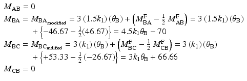 
$$ \begin{array}{l}{M}_{\mathrm{AB}}=0\\ {}{M}_{\mathrm{B}\mathrm{A}}={M_{\mathrm{B}\mathrm{A}}}_{{}_{\operatorname{mo}\mathrm{dified}}}=3\left(1.5{k}_1\right)\left({\theta}_{\mathrm{B}}\right)+\left({M}_{\mathrm{B}\mathrm{A}}^{\mathrm{F}}-\frac{1}{2}\ {M}_{\mathrm{AB}}^{\mathrm{F}}\right)=3\left(1.5{k}_1\right)\left({\theta}_{\mathrm{B}}\right)\\ {}\kern3em +\left\{-46.67-\frac{1}{2}(46.67)\right\}=4.5{k}_1{\theta}_{\mathrm{B}}-70\\ {}{M}_{\mathrm{B}\mathrm{C}}={M}_{{\mathrm{B}\mathrm{C}}_{\mathrm{mdified}}}=3\left({k}_1\right)\left({\theta}_{\mathrm{B}}\right)+\left({M}_{\mathrm{B}\mathrm{C}}^{\mathrm{F}}-\frac{1}{2}\ {M}_{\mathrm{CB}}^{\mathrm{F}}\right)=3\left({k}_1\right)\left({\theta}_{\mathrm{B}}\right)\\ {}\kern3em +\left\{+53.33-\frac{1}{2}\left(-26.67\right)\right\}=3{k}_1{\theta}_{\mathrm{B}}+66.66\\ {}{M}_{\mathrm{CB}}=0\end{array} $$
