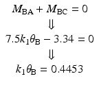 
$$ \begin{array}{c}{M}_{\mathrm{B}\mathrm{A}}+{M}_{\mathrm{B}\mathrm{C}}=0\\ {}\Downarrow \\ {}7.5{k}_1{\theta}_{\mathrm{B}}-3.34=0\\ {}\Downarrow \\ {}{k}_1{\theta}_{\mathrm{B}}=0.4453\end{array} $$
