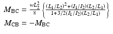 
$$ \begin{array}{l}{M}_{\mathrm{BC}}=\frac{w{L}_2^2}{8}\left\{\frac{{\left({L}_1/{L}_2\right)}^2+\left({I}_1/{I}_2\right)\left({L}_2/{L}_1\right)}{1+3/2\left({I}_1/{I}_2\right)\left({L}_2/{L}_1\right)}\right\}\\ {}\kern.01em {M}_{\mathrm{CB}}=-{M}_{\mathrm{BC}}\end{array} $$
