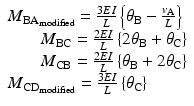 
$$ \begin{array}{l}{M}_{{\mathrm{B}\mathrm{A}}_{\mathrm{modified}}}=\frac{3EI}{L}\left\{{\theta}_{\mathrm{B}}-\frac{v_{\mathrm{A}}}{L}\right\}\\ {}\kern1.9em {M}_{\mathrm{B}\mathrm{C}}=\frac{2EI}{L}\left\{2{\theta}_{\mathrm{B}}+{\theta}_{\mathrm{C}}\right\}\\ {}\kern1.9em {M}_{\mathrm{C}\mathrm{B}}=\frac{2EI}{L}\left\{{\theta}_{\mathrm{B}}+2{\theta}_{\mathrm{C}}\right\}\\ {}{M}_{{\mathrm{C}\mathrm{D}}_{\mathrm{modified}}}=\frac{3EI}{L}\left\{{\theta}_{\mathrm{C}}\right\}\end{array} $$
