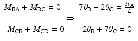 
$$ \begin{array}{c}{M}_{\mathrm{B}\mathrm{A}}+{M}_{\mathrm{B}\mathrm{C}}=0\kern2.1em 7{\theta}_{\mathrm{B}}+2{\theta}_{\mathrm{C}}=\frac{3{v}_{\mathrm{A}}}{L}\\ {}\Rightarrow \\ {}{M}_{\mathrm{C}\mathrm{B}}+{M}_{\mathrm{C}\mathrm{D}}=0\kern2.1em 2{\theta}_{\mathrm{B}}+7{\theta}_{\mathrm{C}}=0\end{array} $$
