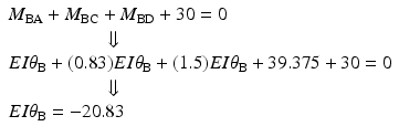 
$$ \begin{array}{l}{M}_{\mathrm{B}\mathrm{A}}+{M}_{\mathrm{B}\mathrm{C}}+{M}_{\mathrm{B}\mathrm{D}}+30=0\\ {}\kern5em \Downarrow \\ {}EI{\theta}_{\mathrm{B}}+(0.83)EI{\theta}_{\mathrm{B}}+(1.5)EI{\theta}_{\mathrm{B}}+39.375+30=0\\ {}\kern5em \Downarrow \\ {}EI{\theta}_{\mathrm{B}}=-20.83\end{array} $$
