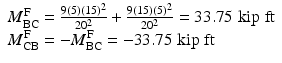 
$$ \begin{array}{l}{M}_{\mathrm{BC}}^{\mathrm{F}}=\frac{9(5){(15)}^2}{20^2}+\frac{9(15){(5)}^2}{20^2}=33.75\;\mathrm{kip}\;\mathrm{ft}\\ {}{M}_{\mathrm{CB}}^{\mathrm{F}}=-{M}_{\mathrm{BC}}^{\mathrm{F}}=-33.75\;\mathrm{kip}\;\mathrm{ft}\end{array} $$
