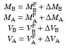 
$$ \begin{array}{c}{M}_{\mathrm{B}}={M}_{\mathrm{B}}^{\mathrm{F}}+\Delta {M}_{\mathrm{B}}\\ {}{M}_{\mathrm{A}}={M}_{\mathrm{A}}^{\mathrm{F}}+\Delta {M}_{\mathrm{A}}\\ {}{V}_{\mathrm{B}}={V}_{\mathrm{B}}^{\mathrm{F}}+\Delta {V}_{\mathrm{B}}\\ {}{V}_{\mathrm{A}}={V}_{\mathrm{A}}^{\mathrm{F}}+\Delta {V}_{\mathrm{A}}\end{array} $$
