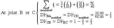 
$$ \mathrm{A}\mathrm{t}\kern0.5em \mathrm{joint}\kern0.5em \mathrm{B}\kern0.5em \mathrm{or}\kern0.5em \mathrm{C}\left\{\begin{array}{l}{\displaystyle \sum_{\mathrm{modified}}}{\scriptscriptstyle \frac{I}{L}}=\frac{3}{4}\left(\frac{I}{10}\right)+\left(\frac{3I}{20}\right)=\frac{9I}{40}\\ {}{\mathrm{DF}}_{{\mathrm{BA}}_{{}_{\mathrm{modified}}}}={\mathrm{DF}}_{{\mathrm{CD}}_{{}_{\mathrm{modified}}}}=\frac{3I/40}{9I/40}=\frac{1}{3}\\ {}{\mathrm{DF}}_{\mathrm{CB}}={\mathrm{DF}}_{\mathrm{BC}}=1-\frac{1}{3}=\frac{2}{3}\end{array}\right. $$
