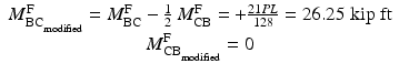 
$$ \begin{array}{c}{M}_{{\mathrm{BC}}_{{}_{\mathrm{modified}}}}^{\mathrm{F}}={M}_{\mathrm{BC}}^{\mathrm{F}}-\frac{1}{2}\ {M}_{\mathrm{CB}}^{\mathrm{F}}=+\frac{21 PL}{128}=26.25\;\mathrm{kip}\;\mathrm{ft}\\ {}{M}_{{\mathrm{CB}}_{{}_{\mathrm{modified}}}}^{\mathrm{F}}=0\end{array} $$
