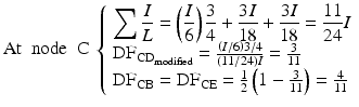 
$$ \mathrm{A}\mathrm{t}\kern0.5em \mathrm{node}\kern0.5em \mathrm{C}\ \left\{\begin{array}{l}{\displaystyle \sum \frac{I}{L}=\left(\frac{I}{6}\right)\frac{3}{4}+\frac{3I}{18}+\frac{3I}{18}=\frac{11}{24}I}\\ {}{\mathrm{DF}}_{{\mathrm{CD}}_{\mathrm{modified}}}=\frac{\left(I/6\right)3/4}{\left(11/24\right)I}=\frac{3}{11}\\ {}{\mathrm{DF}}_{\mathrm{CB}}={\mathrm{DF}}_{\mathrm{CE}}=\frac{1}{2}\left(1-\frac{3}{11}\right)=\frac{4}{11}\end{array}\right. $$
