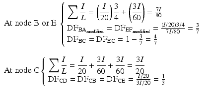 
$$ \begin{array}{l}\mathrm{A}\mathrm{t}\;\mathrm{node}\;\mathrm{B}\;\mathrm{or}\;\mathrm{E}\ \left\{\begin{array}{l}{\displaystyle \sum \frac{I}{L}=\left(\frac{I}{20}\right)\frac{3}{4}+\left(\frac{3I}{60}\right)}=\frac{7I}{80}\\ {}{\mathrm{DF}}_{{\mathrm{BA}}_{\mathrm{modified}}}={\mathrm{DF}}_{{\mathrm{EF}}_{\mathrm{modified}}}=\frac{\left(I/20\right)3/4}{7I/80}=\frac{3}{7}\\ {}{\mathrm{DF}}_{\mathrm{BC}}={\mathrm{DF}}_{\mathrm{EC}}=1-\frac{3}{7}=\frac{4}{7}\end{array}\right.\\ {}\\ {}\mathrm{A}\mathrm{t}\;\mathrm{node}\;\mathrm{C}\left\{\begin{array}{l}{\displaystyle \sum \frac{I}{L}=\frac{I}{20}+\frac{3I}{60}+\frac{3I}{60}=\frac{3I}{20}}\\ {}{\mathrm{DF}}_{\mathrm{CD}}={\mathrm{DF}}_{\mathrm{CB}}={\mathrm{DF}}_{\mathrm{CE}}=\frac{I/20}{3I/20}=\frac{1}{3}\end{array}\right.\end{array} $$
