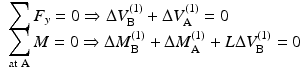 
$$ \begin{array}{l}{\displaystyle \sum {F}_y=0\Rightarrow \Delta {V}_{\mathrm{B}}^{(1)}+\Delta {V}_{\mathrm{A}}^{(1)}=0}\\ {}{\displaystyle \sum_{\mathrm{at}\;\mathrm{A}}M=0\Rightarrow \Delta {M}_{\mathrm{B}}^{(1)}+\Delta {M}_{\mathrm{A}}^{(1)}+L\Delta {V}_{\mathrm{B}}^{(1)}=0}\end{array} $$
