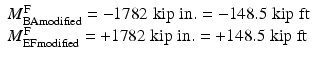 
$$ \begin{array}{l}{M}_{\mathrm{BAmodified}}^{\mathrm{F}}=-1782\;\mathrm{kip}\;\mathrm{in}.=-148.5\;\mathrm{kip}\;\mathrm{ft}\\ {}{M}_{\mathrm{EFmodified}}^{\mathrm{F}}=+1782\;\mathrm{kip}\;\mathrm{in}.=+148.5\;\mathrm{kip}\;\mathrm{ft}\end{array} $$
