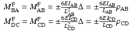 
$$ \begin{array}{l}{M}_{\mathrm{BA}}^{\mathrm{F}}={M}_{\mathrm{AB}}^{\mathrm{F}}=\pm \frac{6E{I}_{\mathrm{AB}}}{L_{\mathrm{AB}}^2}\Delta =\pm \frac{6E{I}_{\mathrm{AB}}}{L_{\mathrm{AB}}}{\rho}_{\mathrm{AB}}\\ {}{M}_{\mathrm{DC}}^{\mathrm{F}}={M}_{\mathrm{CD}}^{\mathrm{F}}=\pm \frac{6E{I}_{\mathrm{CD}}}{L_{\mathrm{CD}}^2}\Delta =\pm \frac{6E{I}_{\mathrm{CD}}}{L_{\mathrm{CD}}}{\rho}_{\mathrm{CD}}\end{array} $$
