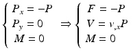 
$$ \left\{\begin{array}{l}{P}_x=-P\\ {}{P}_y=0\\ {}\kern0.16em M=0\end{array}\right.\Rightarrow \left\{\begin{array}{l}\ F=-P\\ {}\kern0.15em V={v}_{,x}P\\ {}M=0\end{array}\right. $$
