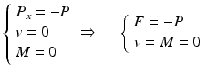 
$$ \left\{\begin{array}{l}{P}_x=-P\\ {}v=0\\ {}M=0\end{array}\right.\Rightarrow \begin{array}{cc}\hfill \hfill & \hfill \hfill \end{array}\left\{\begin{array}{l}F=-P\\ {}v=M=0\end{array}\right. $$
