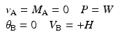 
$$ \begin{array}{l}{v}_{\mathrm{A}}={M}_{\mathrm{A}}=0\kern1em P=W\\ {}{\theta}_{\mathrm{B}}=0\kern1em {V}_{\mathrm{B}}=+H\end{array} $$
